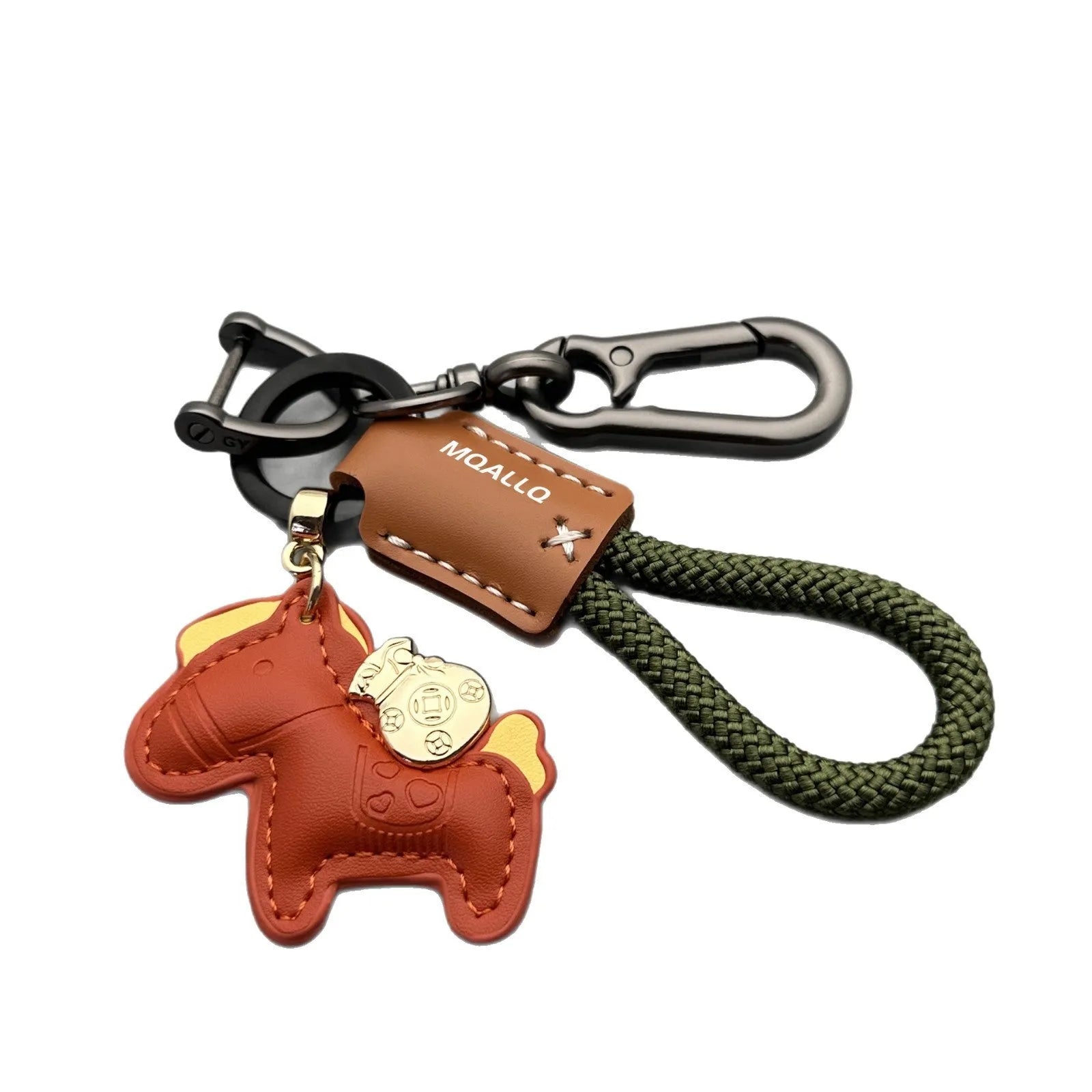 Handmade brown cowhide car key pendant with green flanelle rope and a metal buckle.