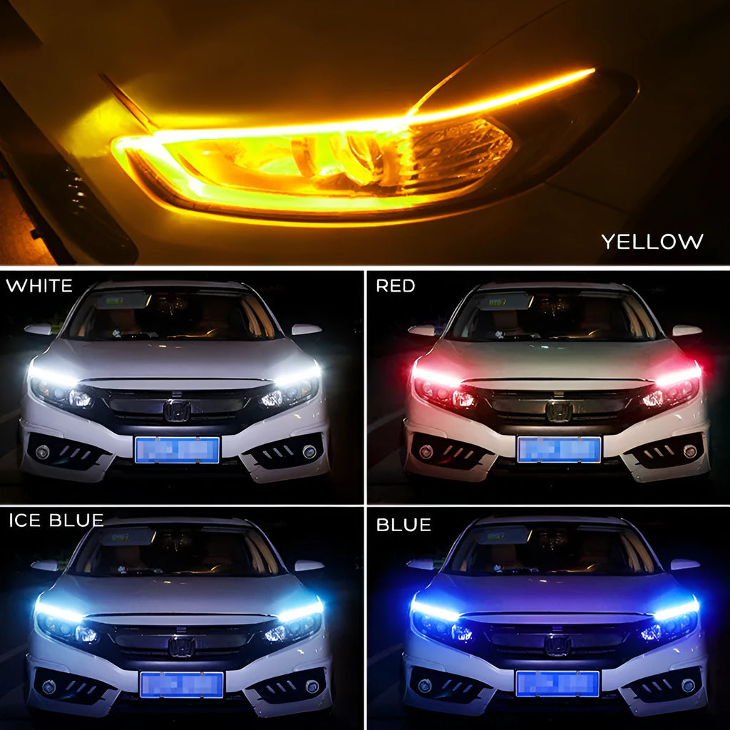 Flexible silicone car LED daytime running light and turn signal strip showing length options