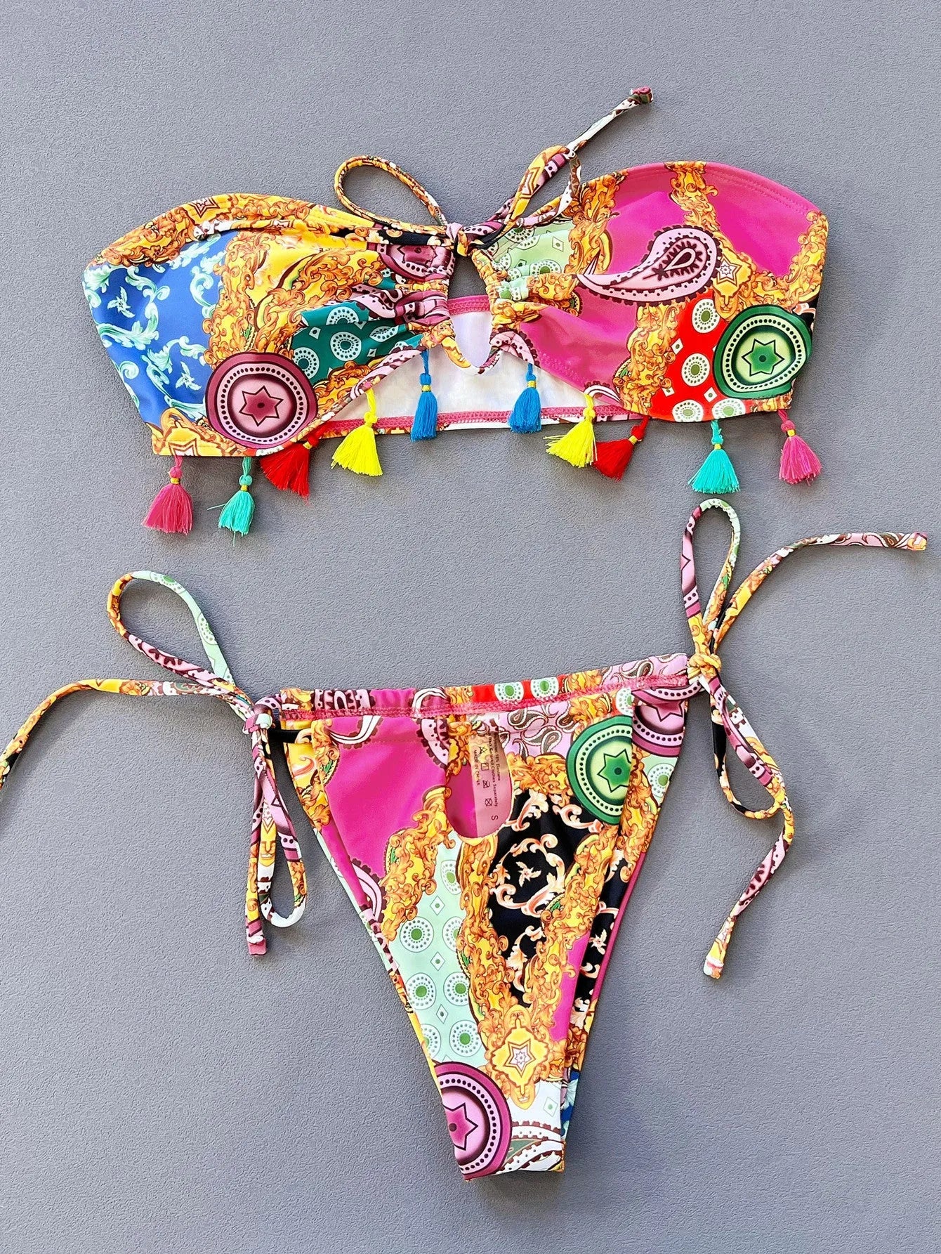 Women's separated polyester tube top bikini set in printing colour for swimming
