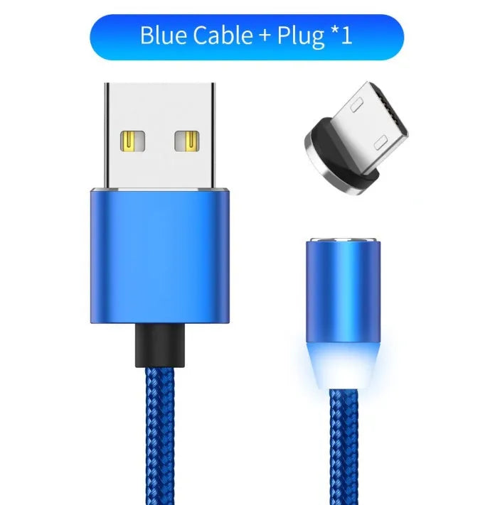 YBD black magnetic LED charging cable with cotton weave, aluminium shell, and LED light shown next to a smartphone.