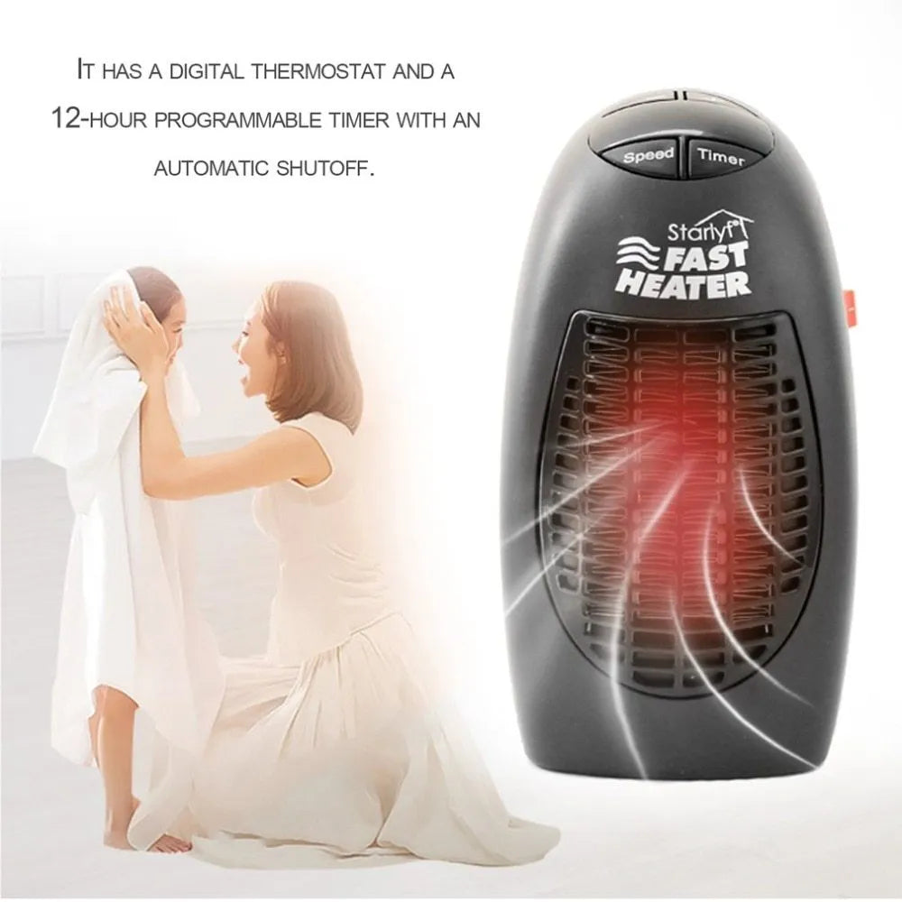 Black plastic mini electric heater with digital display and rotating plug on white background