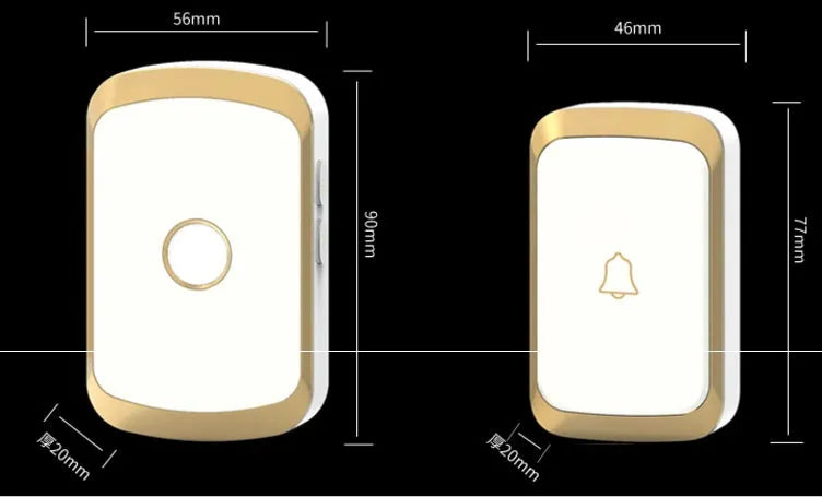 Wireless doorbell system with plug-in receiver and battery transmitter showing black, white, gold, and silver colour options
