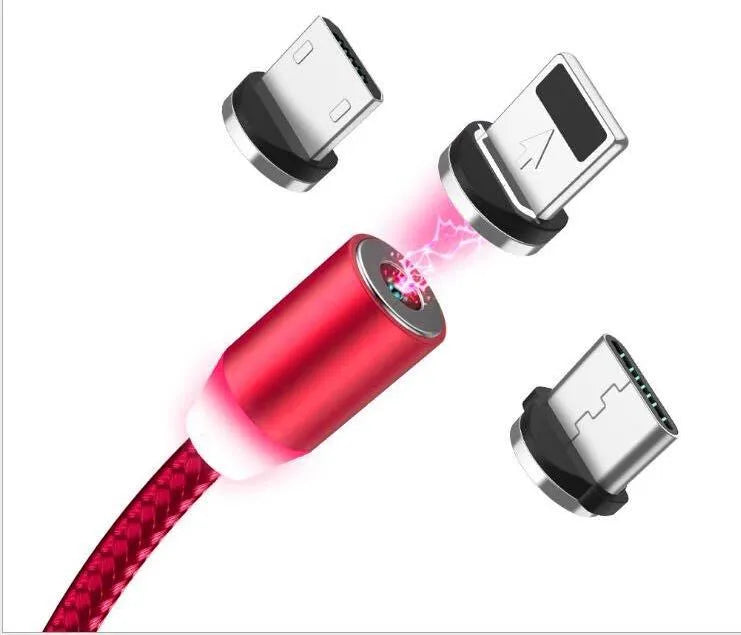YBD black magnetic LED charging cable with cotton weave, aluminium shell, and LED light shown next to a smartphone.