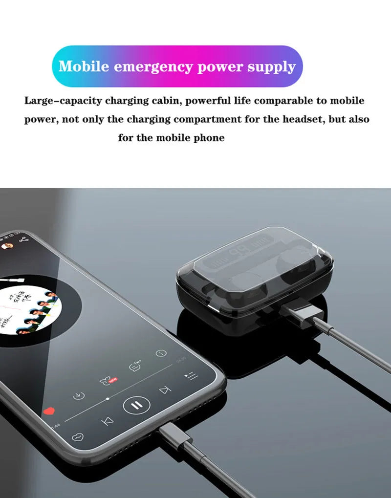 Black M11 style wireless Bluetooth headset with digital display, shown with its mobile phone holder and charging case.