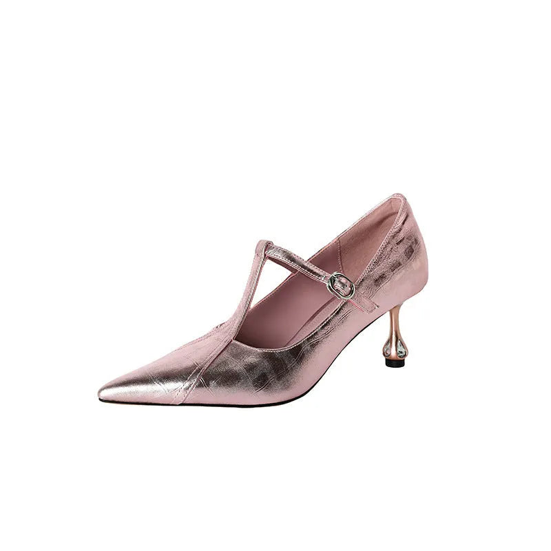 Women's gun colour genuine leather Mary Jane pumps with a chunky heel and pointed toe.