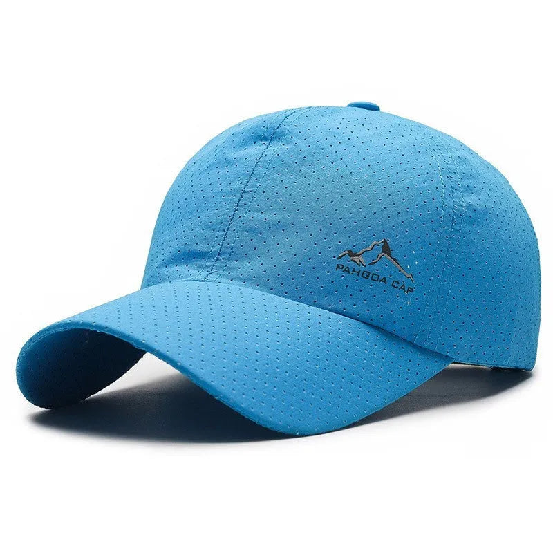 Adjustable baseball cap in polyester fabric on a solid colour background, showing dome crown and strap.
