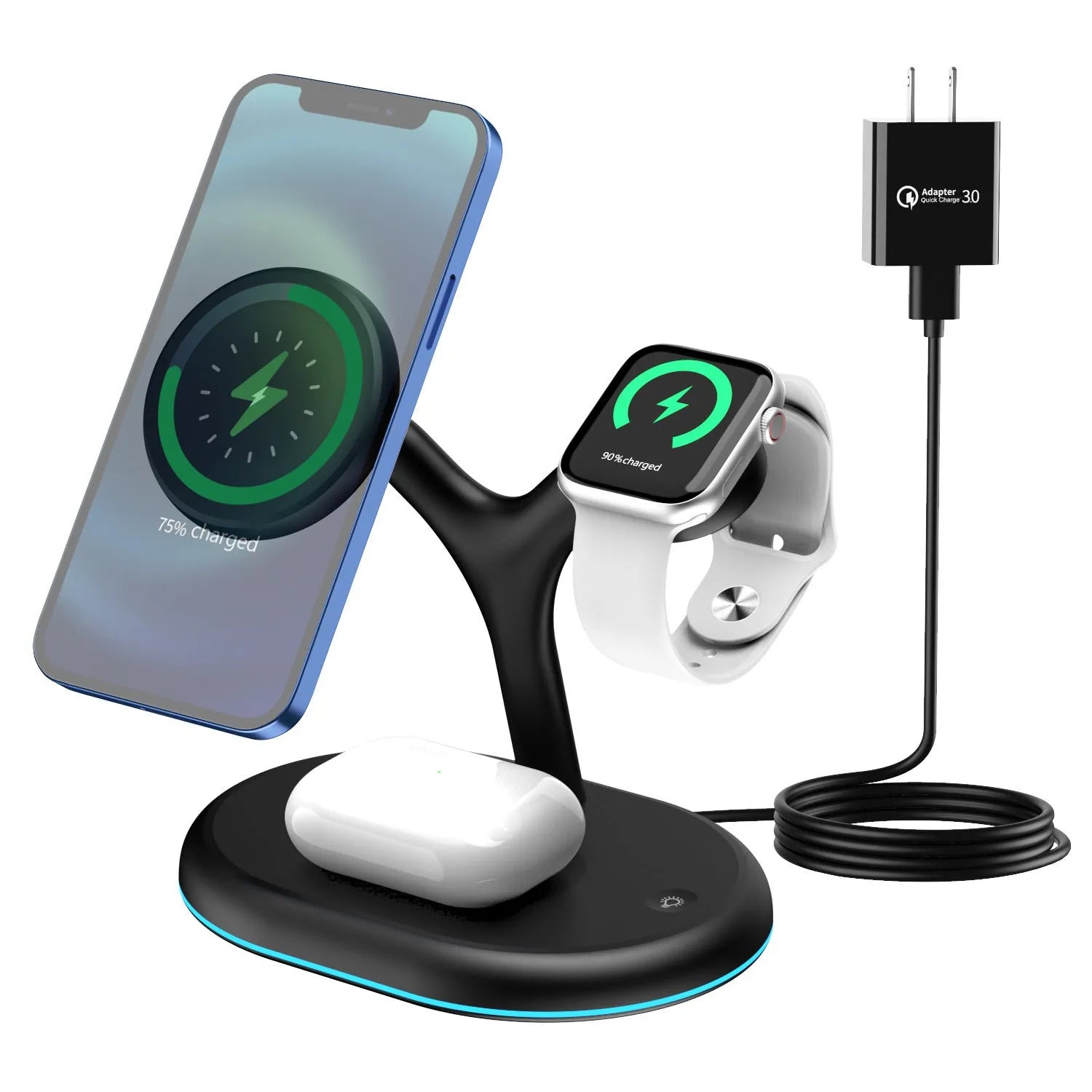 Black three-in-one magnetic wireless charger with 15V output