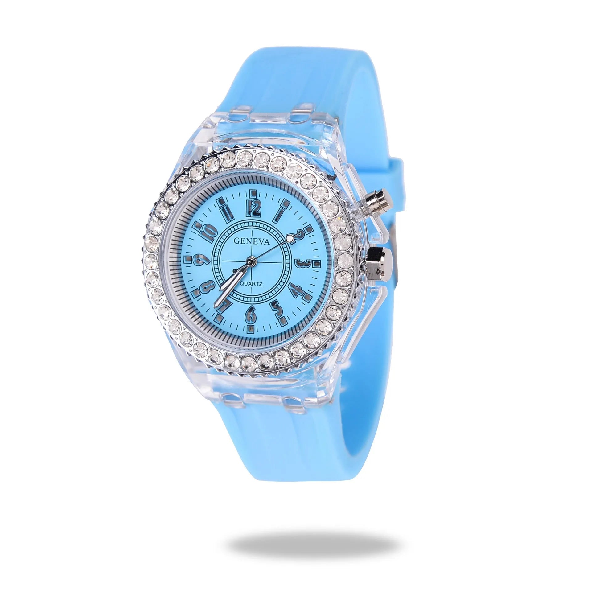 Women's LED luminous quartz watch with round 43mm dial on a silicone strap