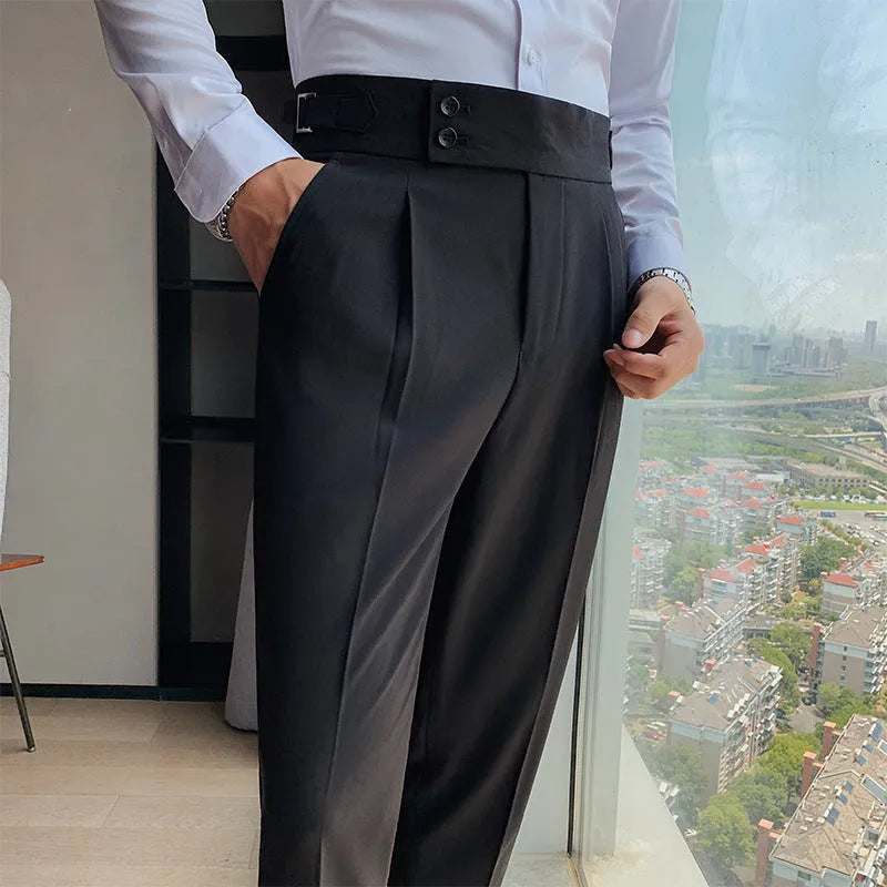 Straight-leg solid colour casual trousers in polyester on a size chart showing waist sizes 29 to 36.
