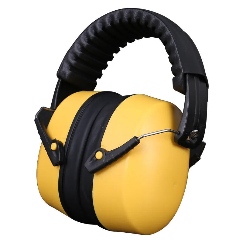 Orange head-mounted noise-cancelling earmuffs with an elastic headband on a grey background