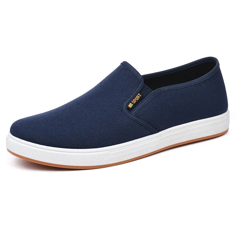 Men's black and blue slip-on canvas cloth shoes with round toe and shallow mouth design