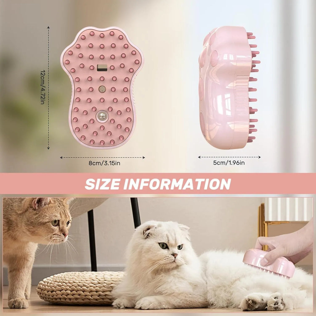 Blue self-cleaning cat steam brush with silicone bristles and a release button for pet grooming.