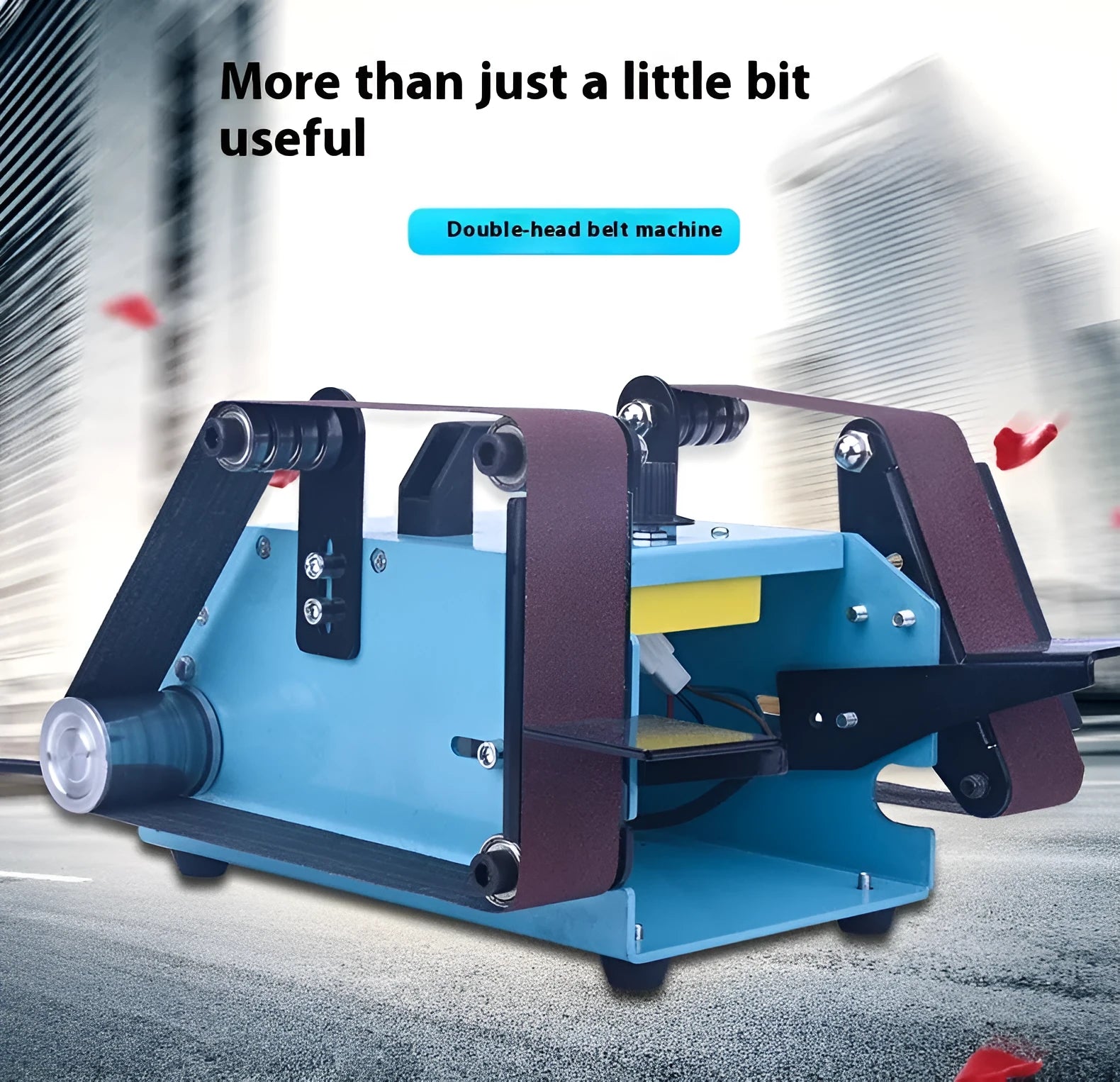 Blue desktop dual-axis belt sander and knife sharpening tool on a workbench.