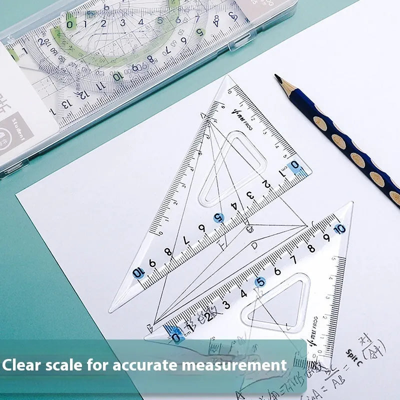 Youpai transparent acrylic drawing ruler set with square and protractor on a white background.