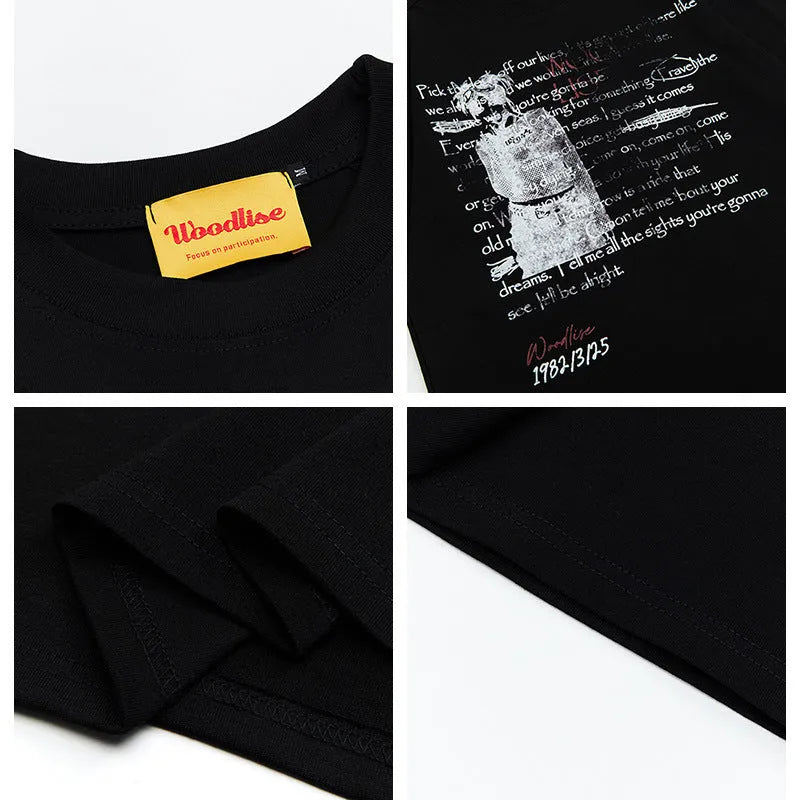 Men's black retro style pure cotton t-shirt with letter printing and loose fit