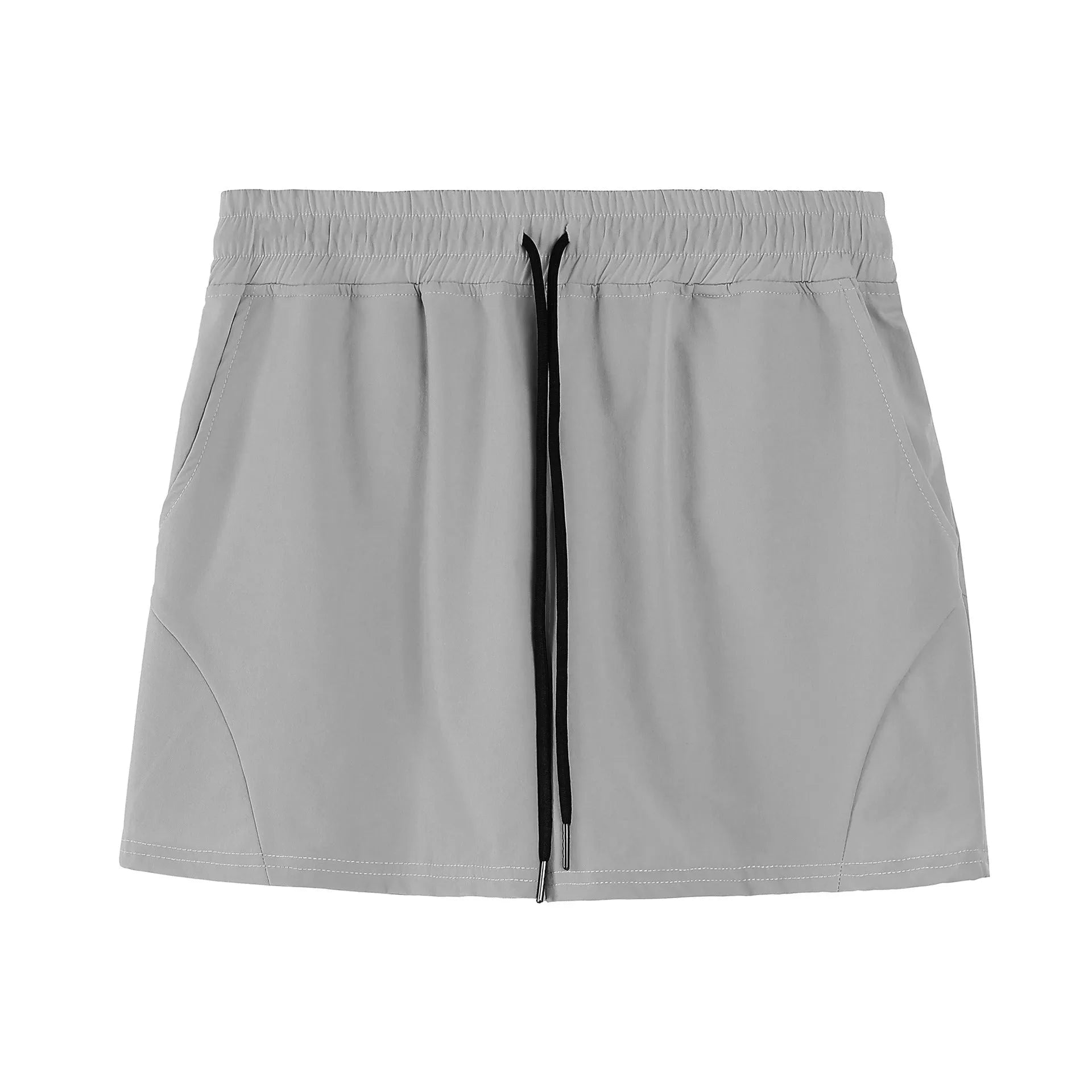 Men's thin grey polyester basketball shorts with an elastic waistband for summer sports.