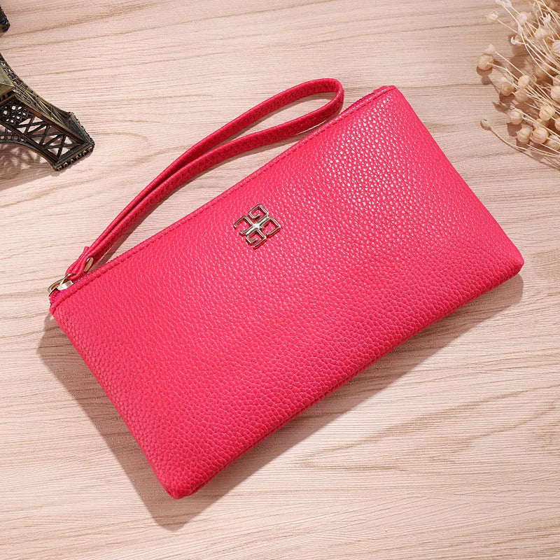 Long solid colour PU leather phone wallet handbag with zipper closure in multiple colour options