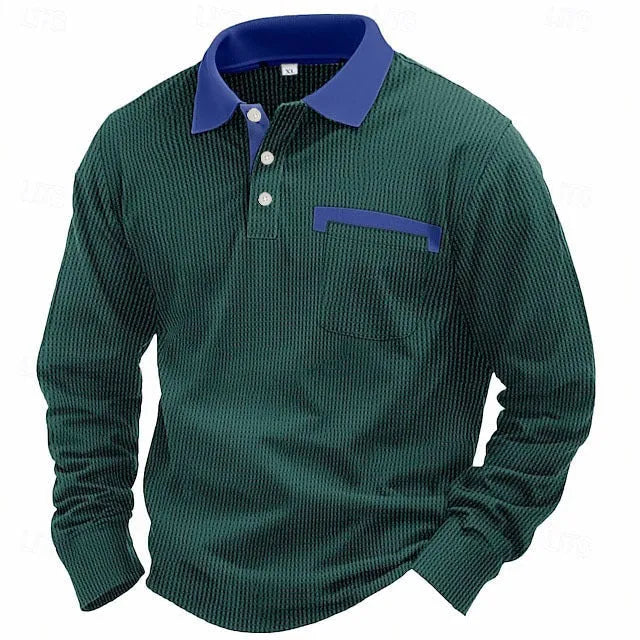 Man modelling a long-sleeved waffle-texture polo shirt in a loose, retro style.