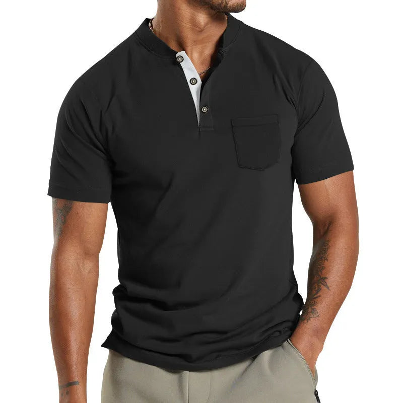 Plus size men's short sleeve button shirt with chest pocket in solid colour polyester fabric