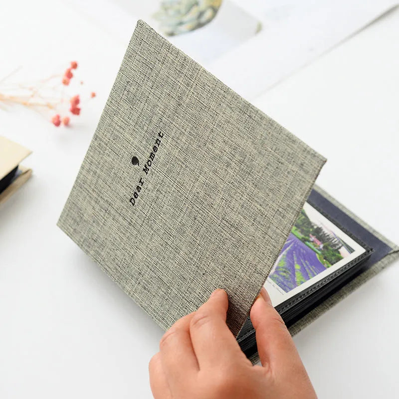 Cotton linen loose-leaf pocket photo album in beige, 14.5x15x3 cm, with 3-inch and 5-inch pocket pages