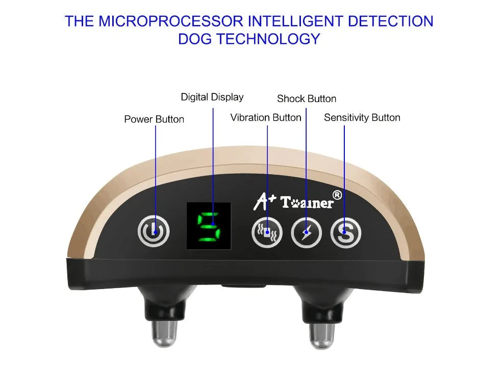 Digital anti-bark dog training collar with reflective strap on black, gold, and silver backgrounds.