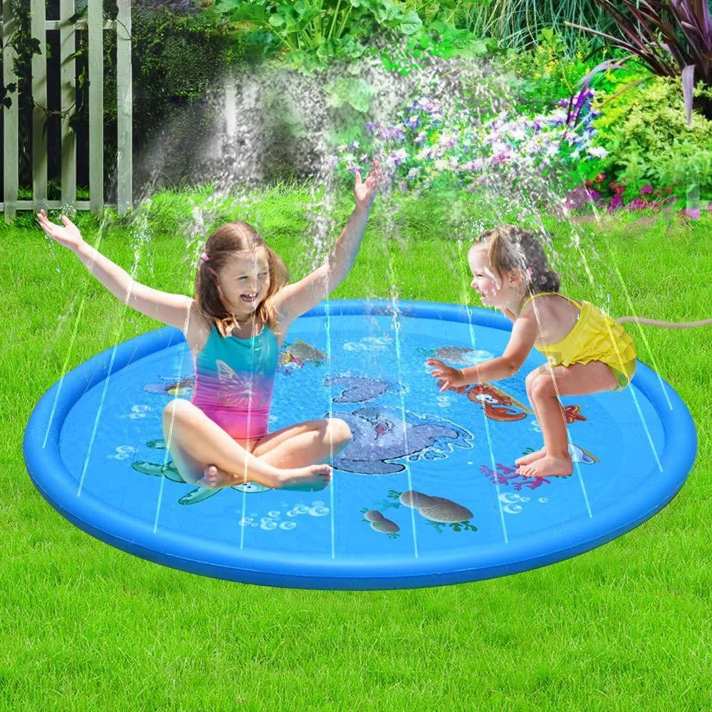 Blue PVC children's water spray mat with marine animal prints, measuring 100cm by 170cm