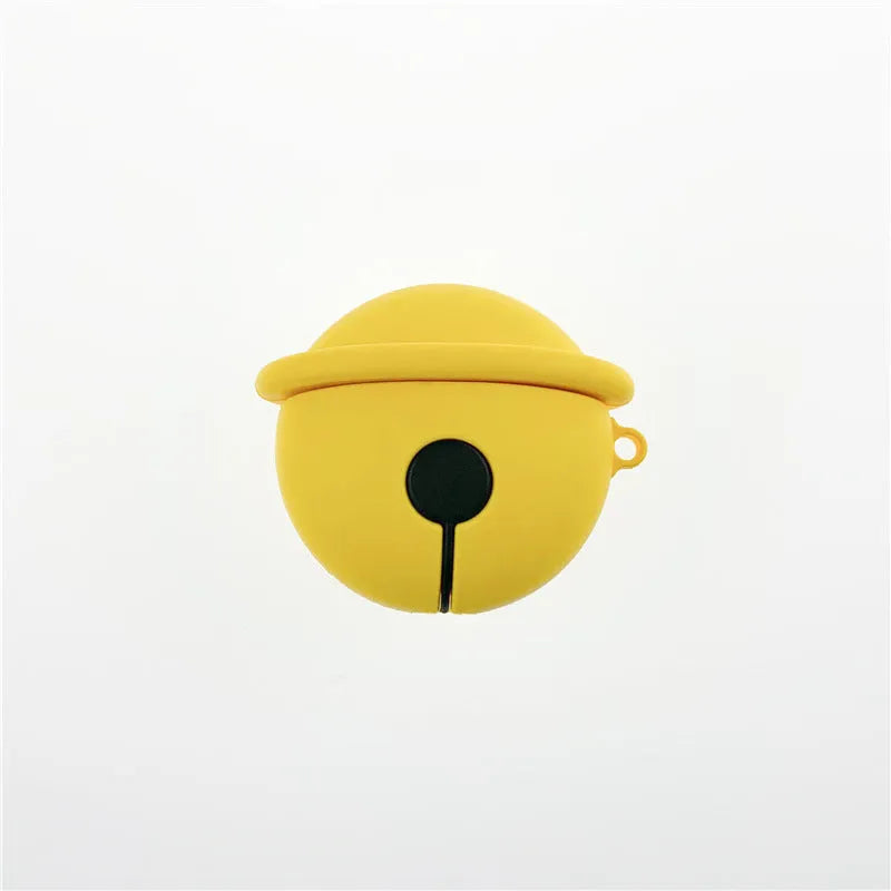 Bright yellow silicone case for AirPods 1 and 2 with a small silver bell charm attached.