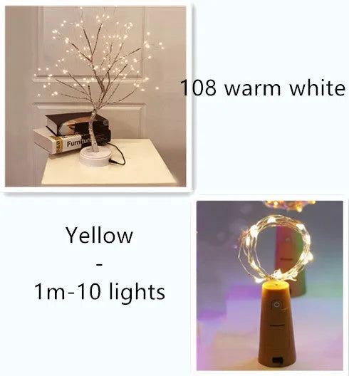 Silver copper wire LED string lights wrapped around a wine bottle with bottle stopper