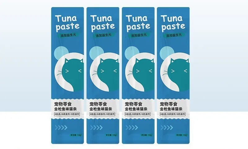 Pack of 10 cat strip snacks in four different flavours for adult cats.