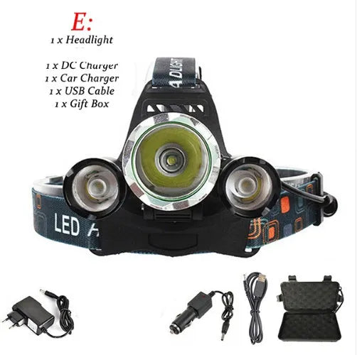 Rechargeable aluminium LED headlamp with adjustable headband and 18650 battery.