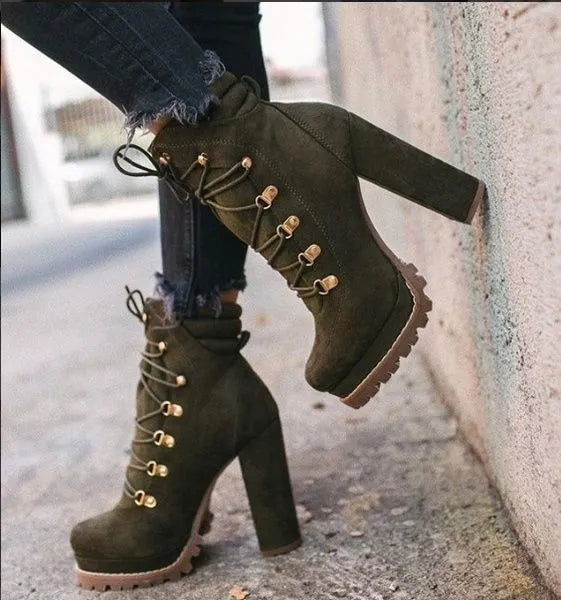 Women's suede Roman-style high heel winter boots in army green with belt buckle details and waterproof platform