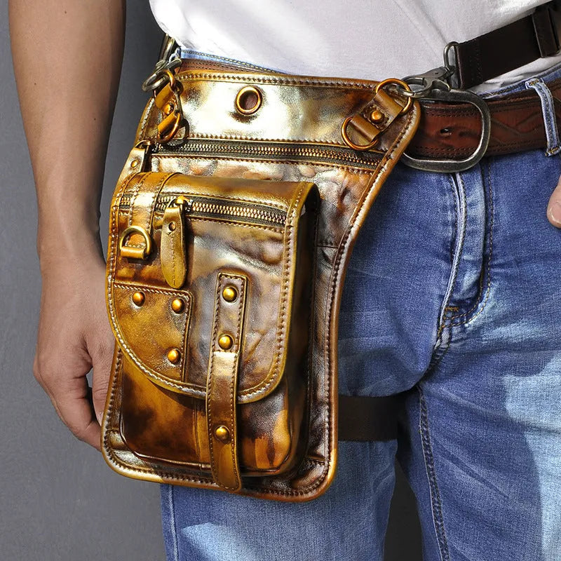 Small black genuine leather men's punk-style fanny pack worn on waist with zipper open