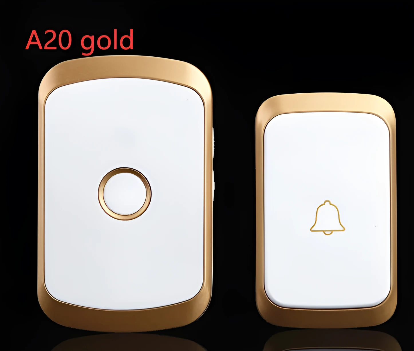 Wireless doorbell system with plug-in receiver and battery transmitter showing black, white, gold, and silver colour options