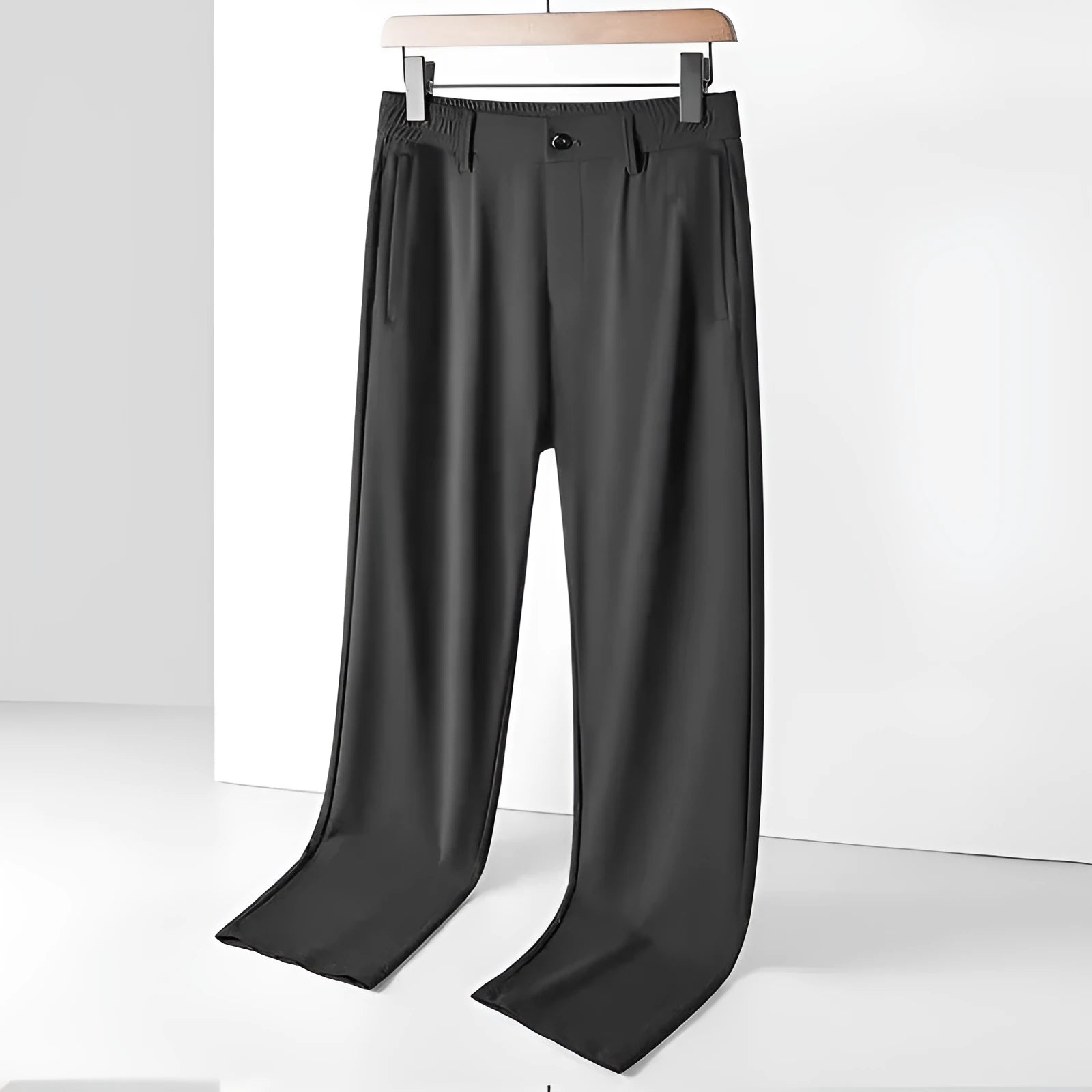Men's black ice silk straight-leg loose fit casual trousers with a high elastic waistband.
