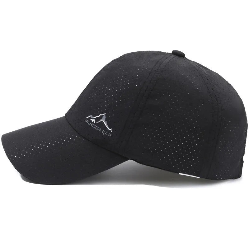 Adjustable baseball cap in polyester fabric on a solid colour background, showing dome crown and strap.