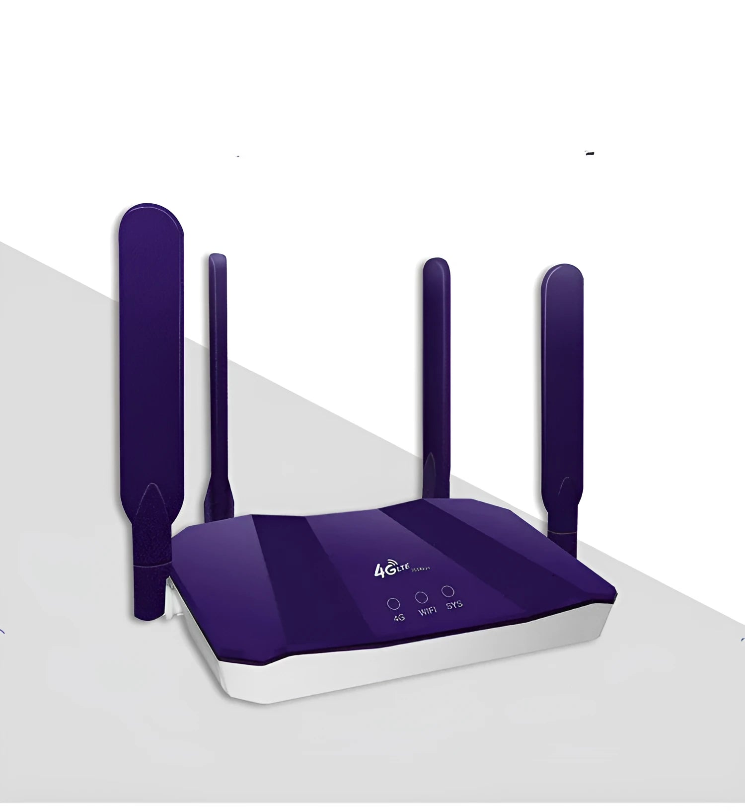 Blue 4G dual mode router with four external antennas showing EU and US model variants