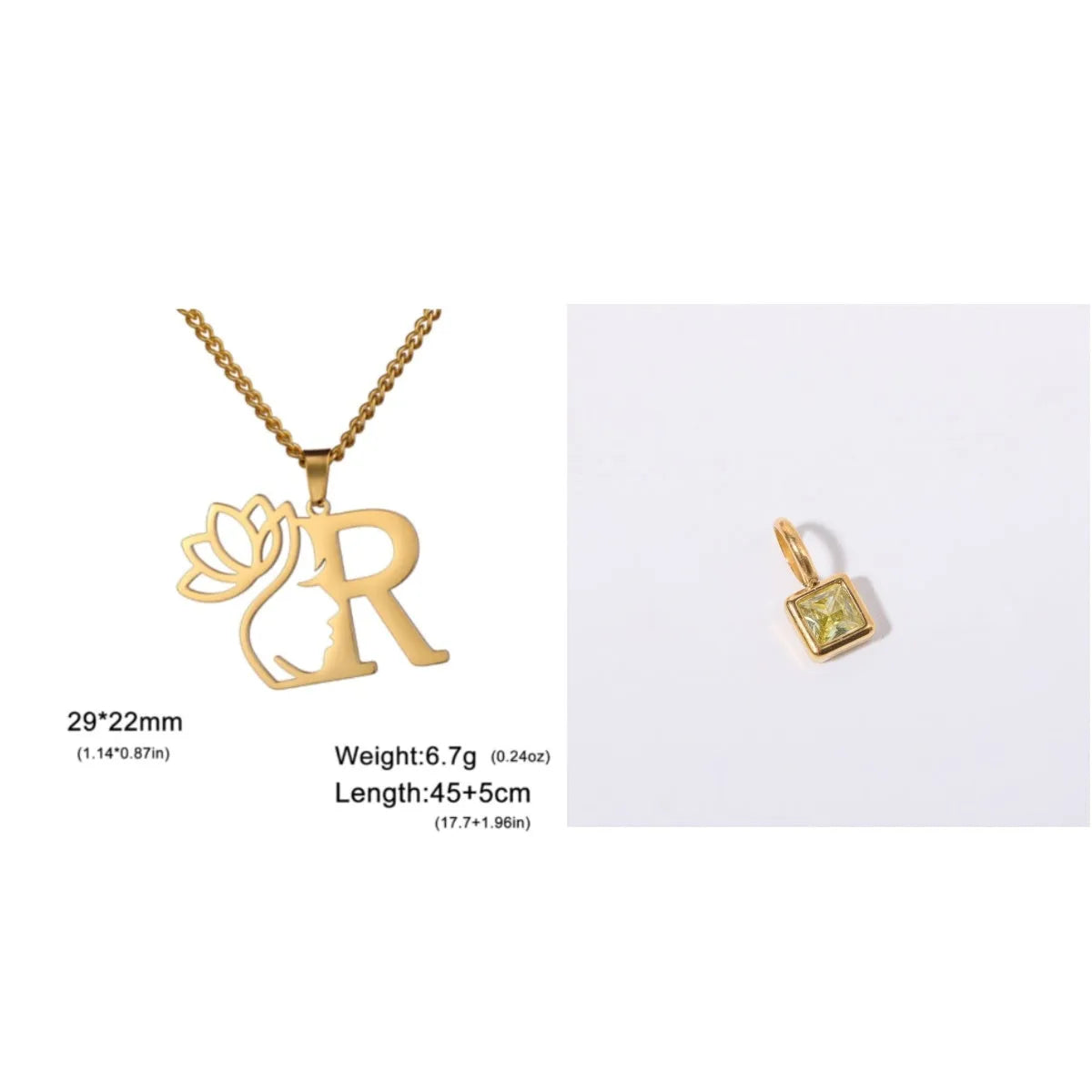 Stainless steel necklace with cross chain and a single initial letter pendant in gold tone.