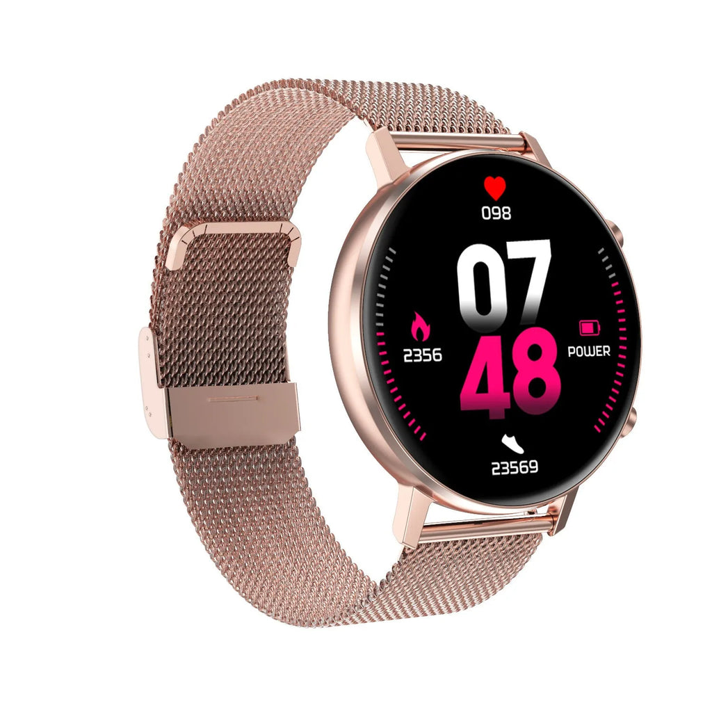 DT96 smart bracelet with steel strap showing 1.3 inch display on wrist