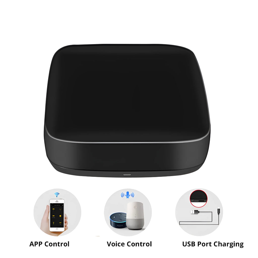 Black voice control universal infrared remote control with WiFi connectivity for smart home devices
