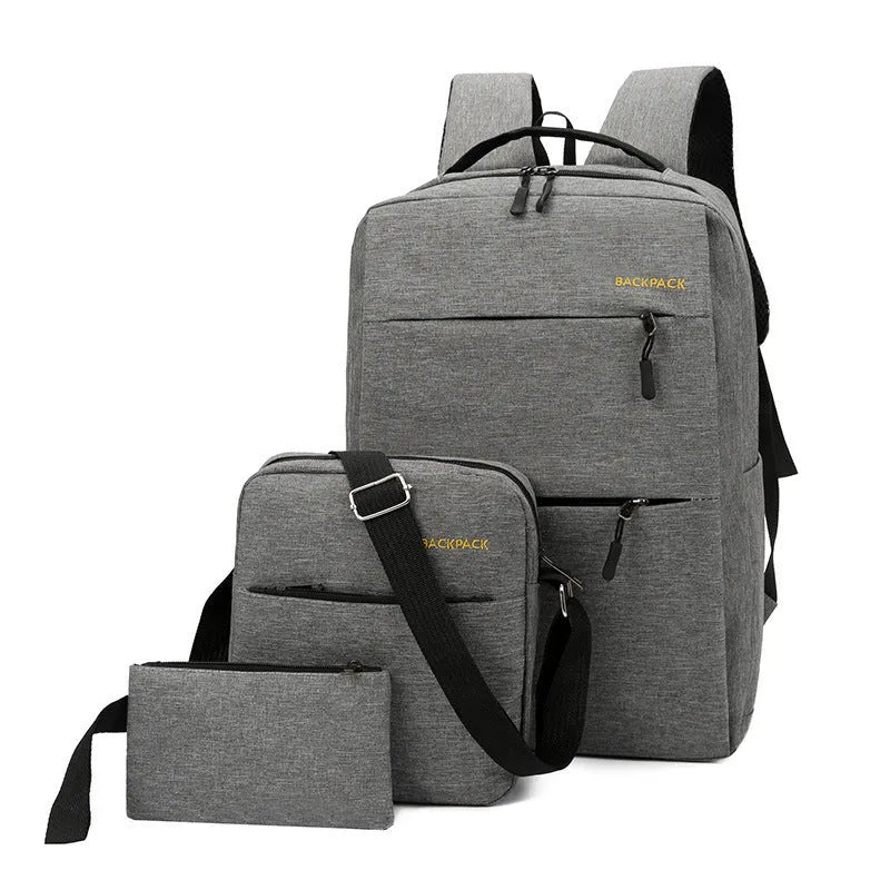 Three square nylon computer bags in black, grey, navy, or wine red, showing USB port and internal organiser pockets.