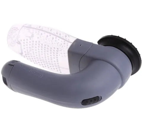 Grey portable electric pet hair removal brush with soft rubber head for grooming dogs and cleaning sofas.