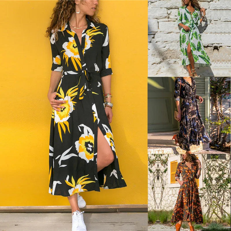 Women's V-neck chiffon dress with high waist and A-line skirt in a printed pattern.