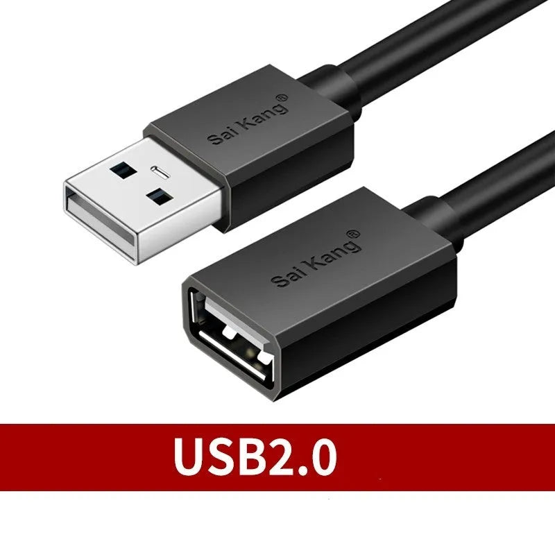 Black USB male to female extension cable showing connectors, available in multiple lengths