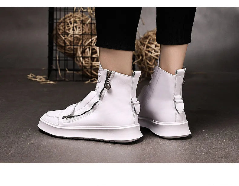 Men's black and white high-top style winter ankle boots made from PU leather and microfiber.