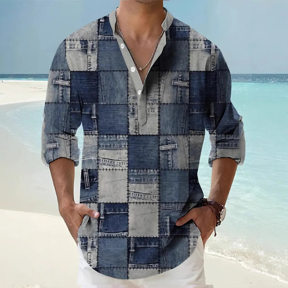 Thin striped Hawaiian long sleeve shirt in polyester fabric on a hanger