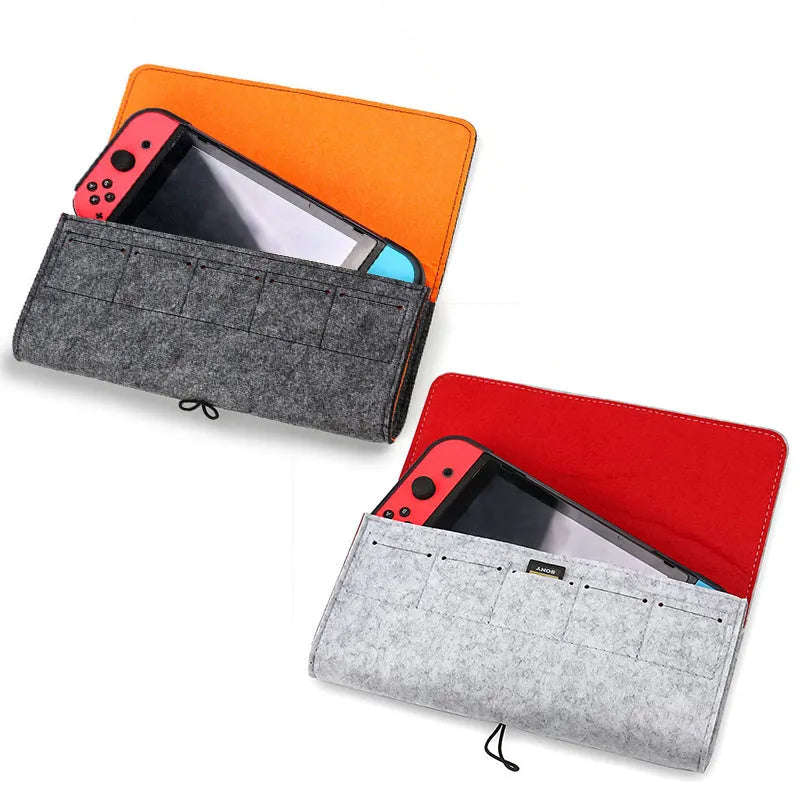 Black felt carrying pouch for Nintendo Switch console with game card slots and storage compartments