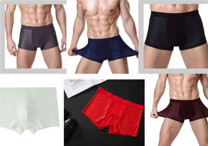 Men's solid colour ice silk modal boxer briefs showing U convex design on a mid waist.
