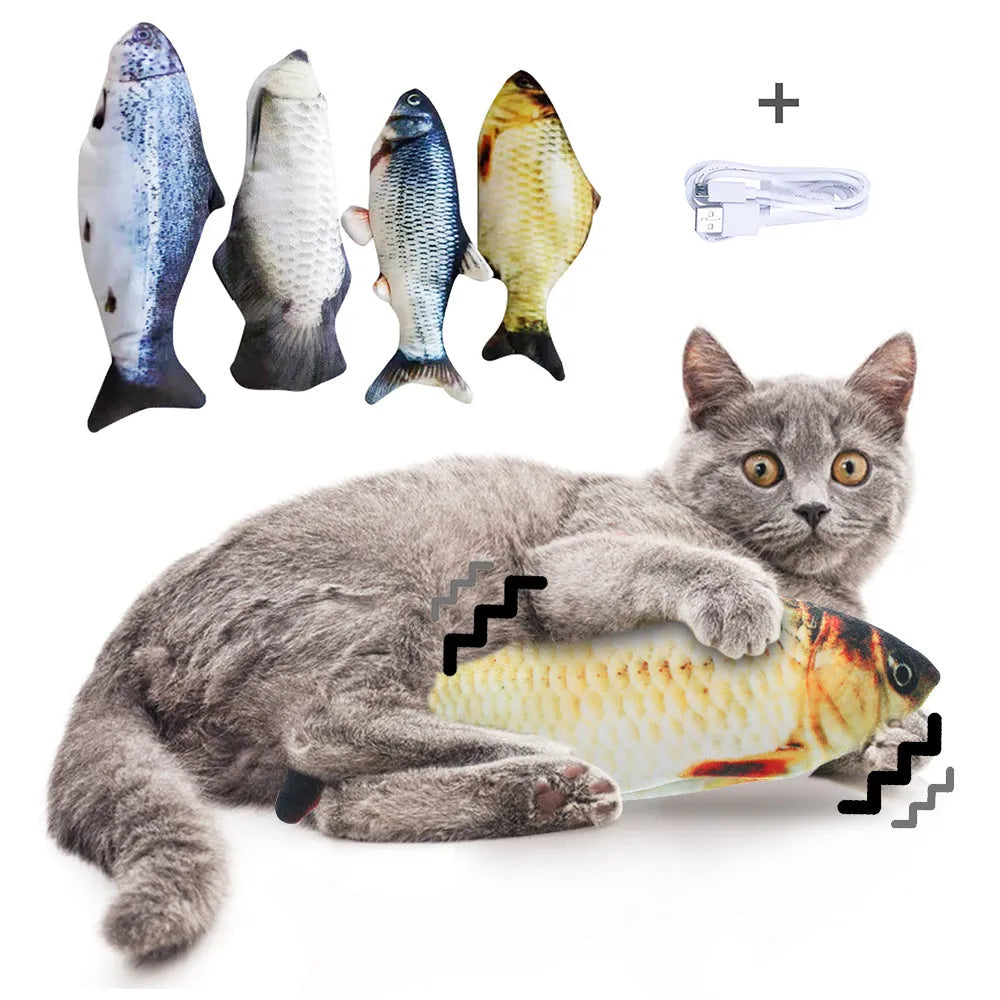 Electronic jumping fish cat toy with USB charging cable, 30cm multicolour fish design