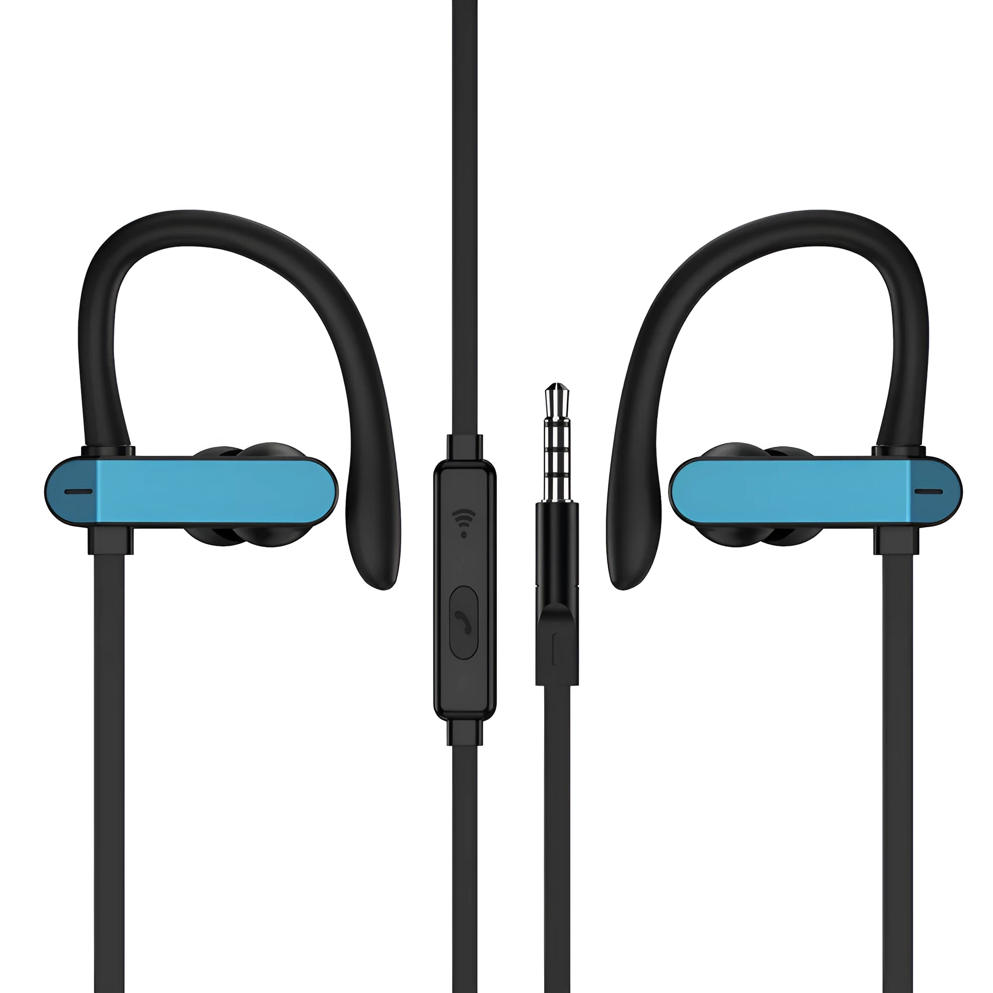 Sport earphones with ear hook design in black blue colour option for secure fit during exercise