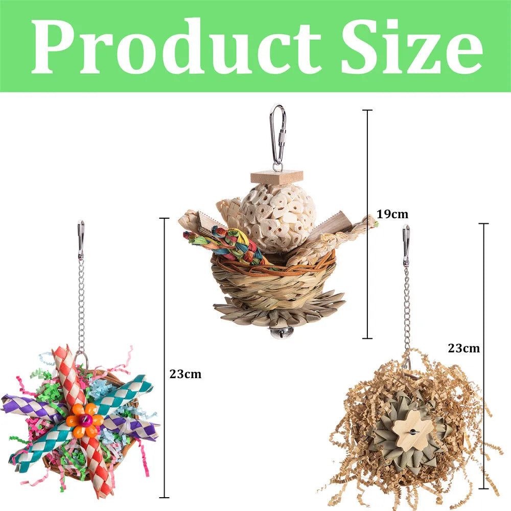 Set of three bird chewing toys for parrot gnawing and molar activities